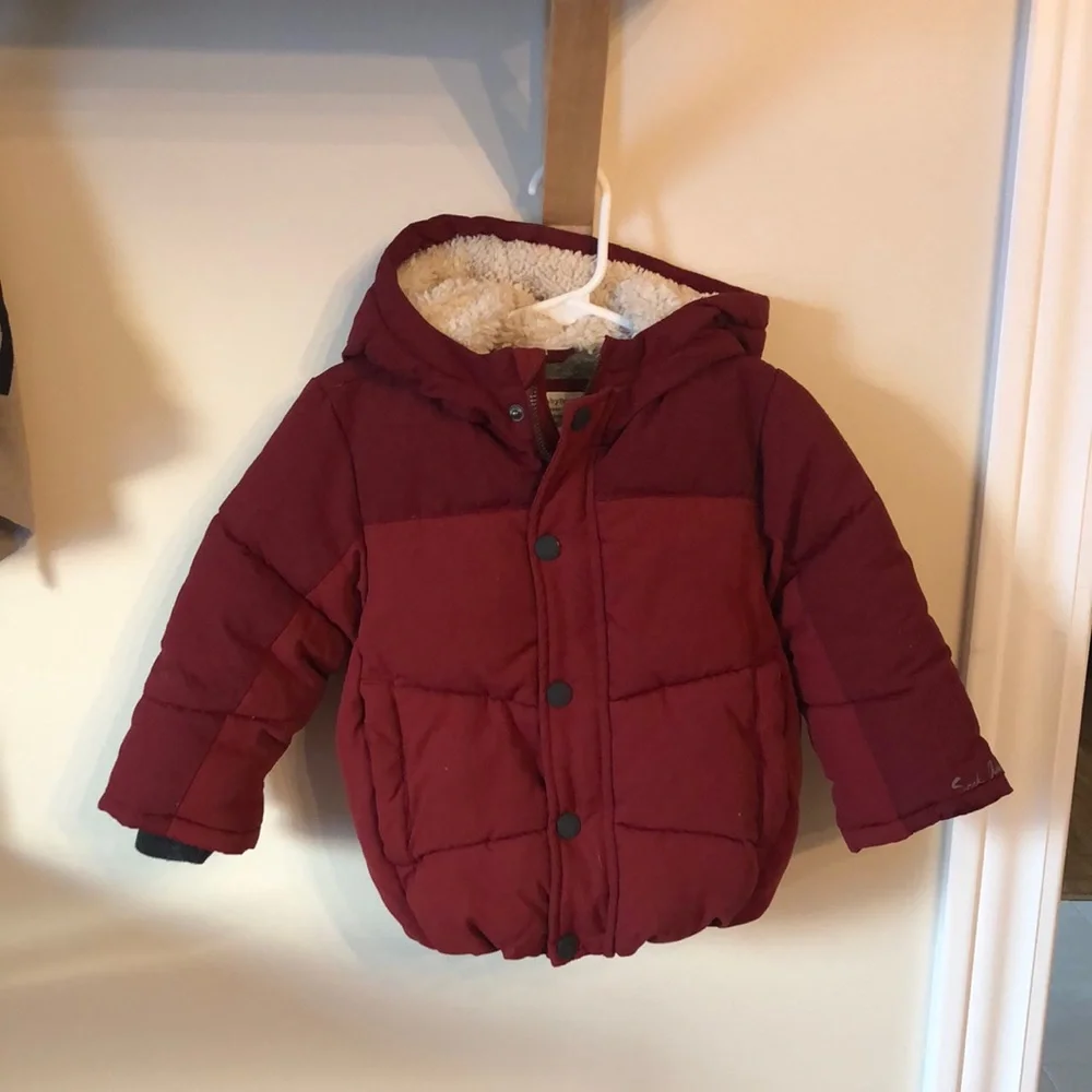 Zara Baby Boy Sherpa Lined Puffer Jacket Burgundy Hooded Coat 18-24M